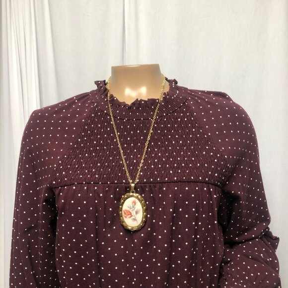TopShop Peasant Dress Womens Size 10 Maroon White Polka Dots Smocked Long Sleeve - Picture 2 of 10